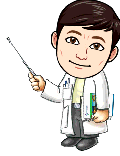 Drawing of a man in a lab coat with a pointer and a brochure under his arm