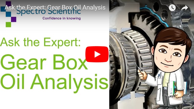Drawing of a man in a lab coat pointing at a cog with the words: Ask the Expert: Gear Box oil analysis