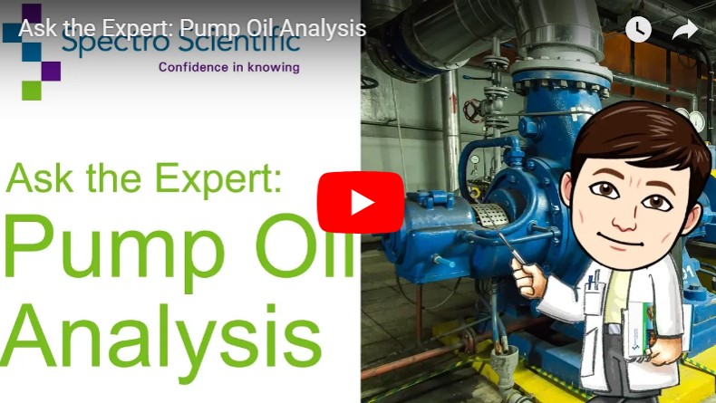 Drawing of a man in a lab coat pointing at an oil pump with the words: Ask the Expert: Pump Oil Analysis