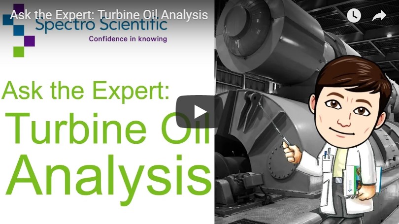 Drawing of a man in a lab coat pointing at turbines with words: Ask the Expert: Turbine Oil Analysis