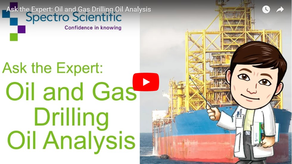 Drawing of man in lab coat pointing at an oil rig with wording Ask the Expert: Oil and Gas drilling Oil analysis