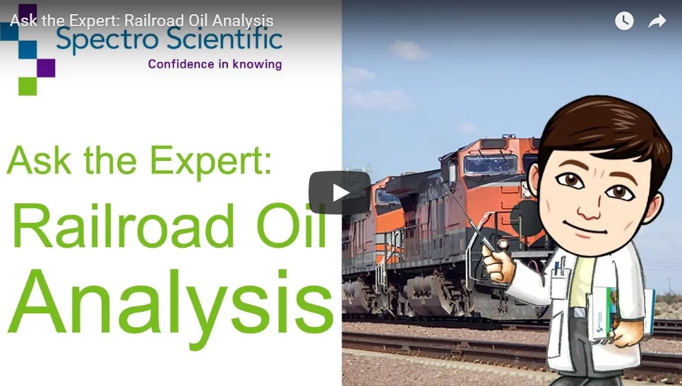 Drawing of man in lab coat pointing at an train with wording Ask the Expert: Railroad oil analysis